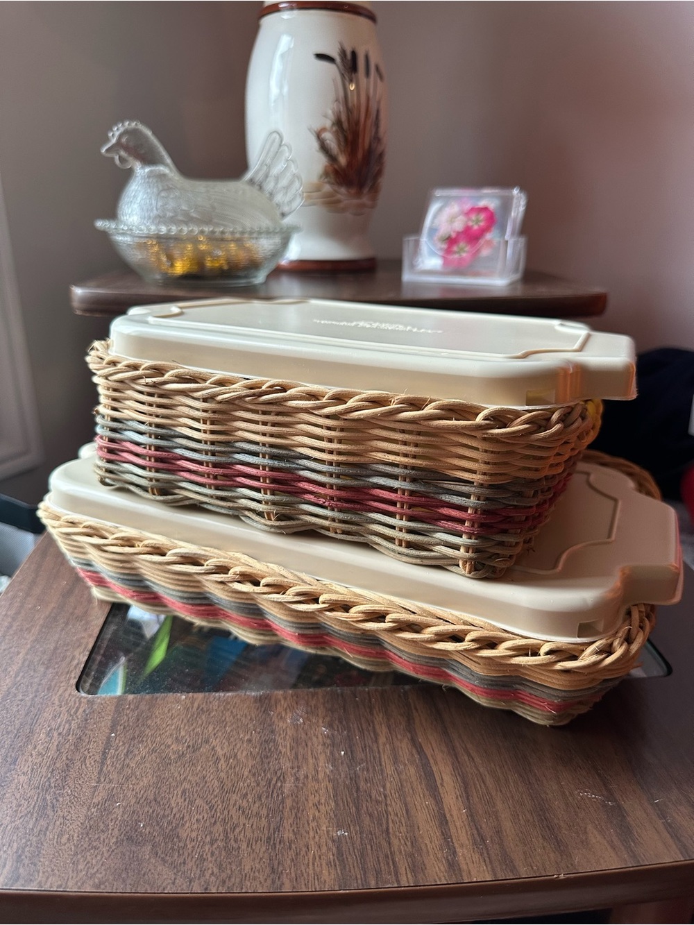 Anchor Hocking Bake Dish Set - Colurful Woven Basket Holders with Beige Lids